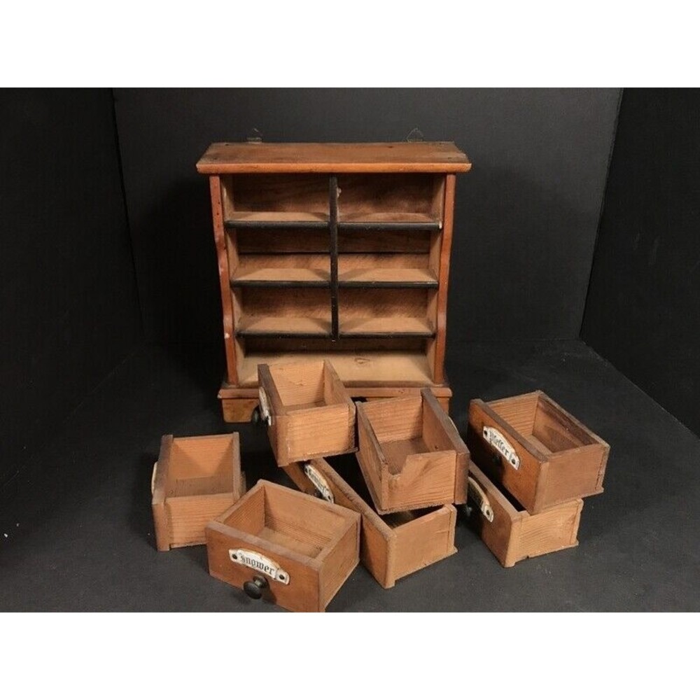 Vintage Spice cabinet German Rustic Wood farmhouse kitchen decor primitive prop - Picture 3 of 12